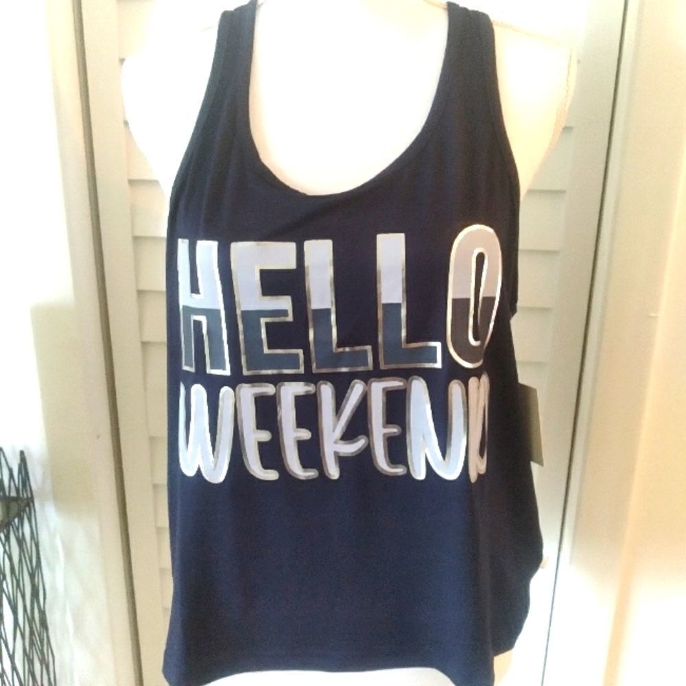 NWT French Affair SOFT navy "Hello Weekend" tank top sleeveless‎ racerback sz. L